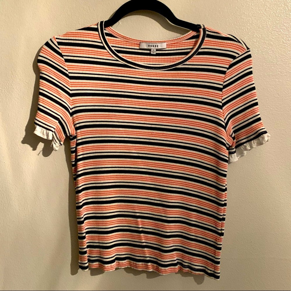RO&DE Striped Form Fit Top w/ Ruffle Trim Sleeve